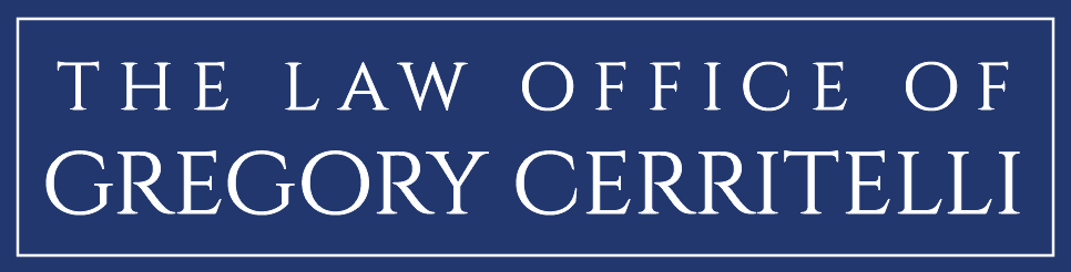 Logo with text "The Law Office of Gregory Cerritelli" in white over a navy background with a thin white border
